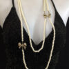 Elegant Double Strand Pearl Necklace Golden Ribbon with Gemstones 31" Necklace
