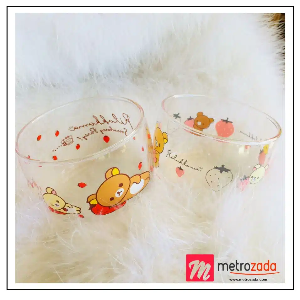 Fancy Rilakkuma 2pc Glass Bowl Set Strawberry and Hearts