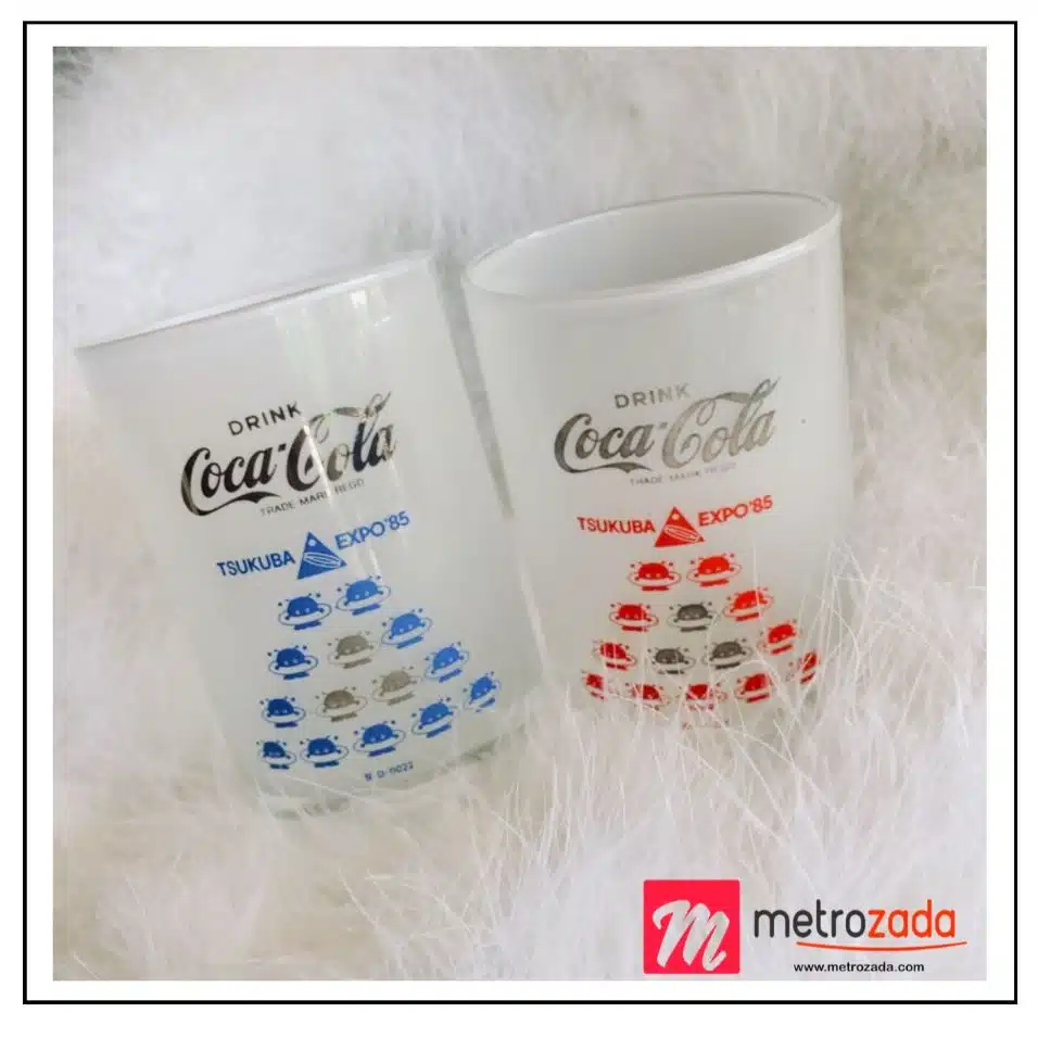 Coca-Cola Glassware Collectibles 2pc Frosted Coca-Cola Drinking Glass Tsukuba Expo '85